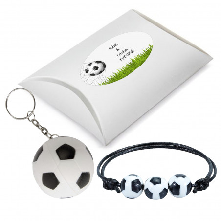 Bracelet et porte clés football dans une boîte avec adhésif personnalisable