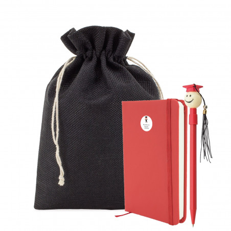 Carnet avec autocollant personnalisable et stylo de graduation dans un sac en tissu pour garçon