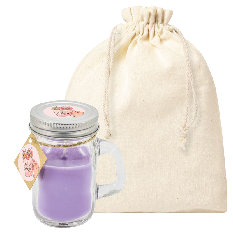 Bougie aromatique avec autocollants pour la fête des mères dans un sac en tissu