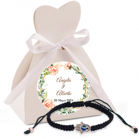 Bracelet main de fatima dans une boîte avec adhésif personnalisé pour les détails du mariage