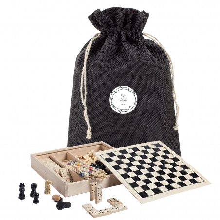 Jeux classiques dans une boîte en bois présentés dans un sac en tissu avec autocollant personnalisable pour un cadeau