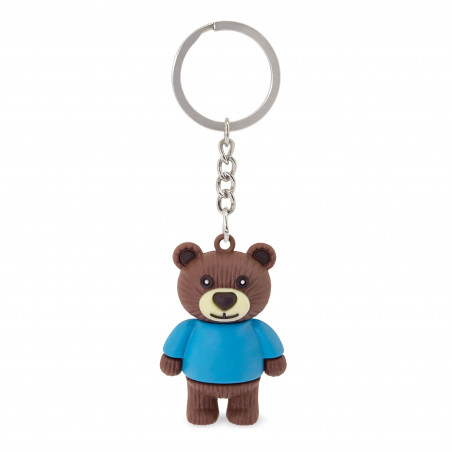 Porte-clé en forme d'ours présenté dans un sachet en tissu avec un autocollant personnalisable de baptême