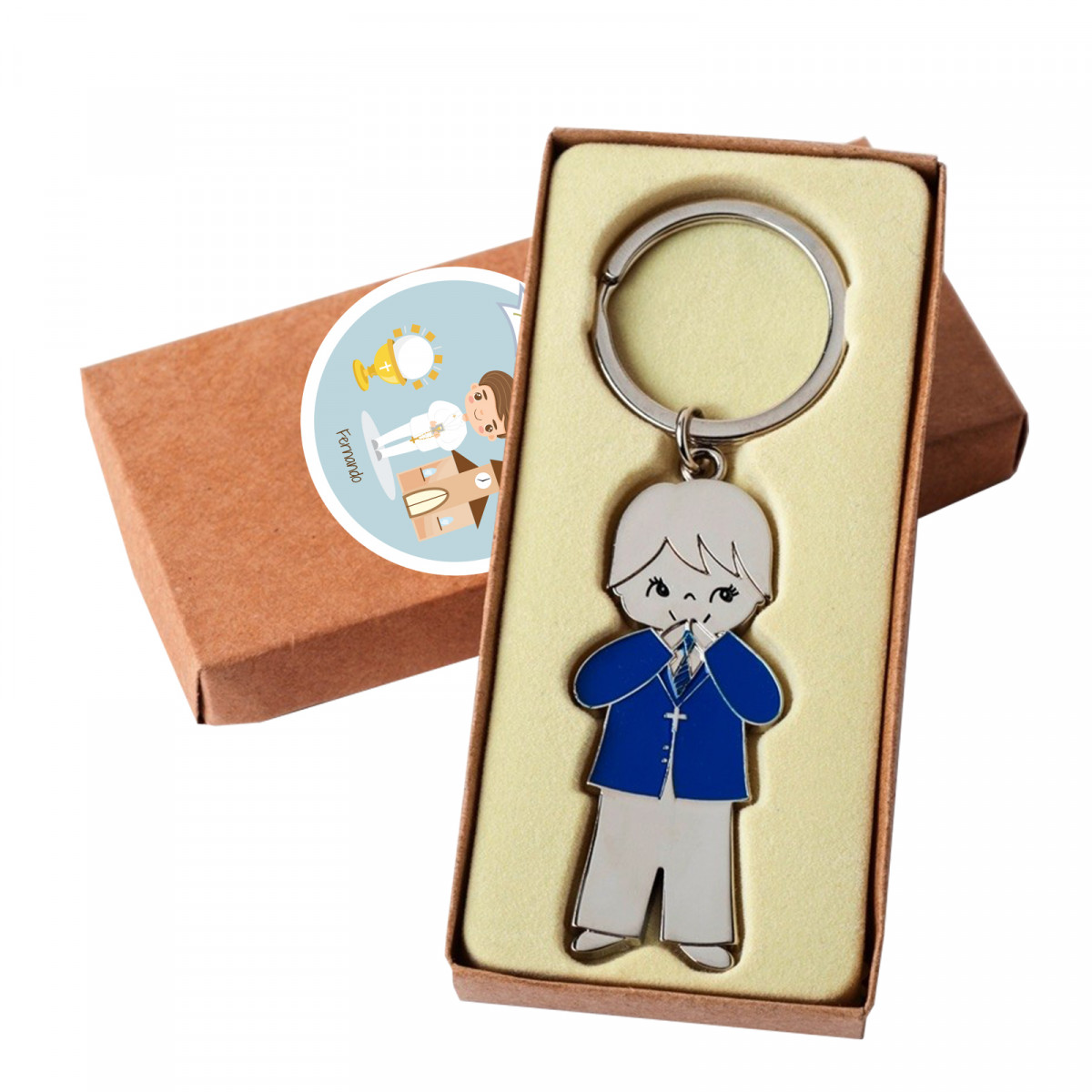 Porte-clés de communion pour garçon dans un petit sac en tissu pour cadeau avec autocollant personnalisable