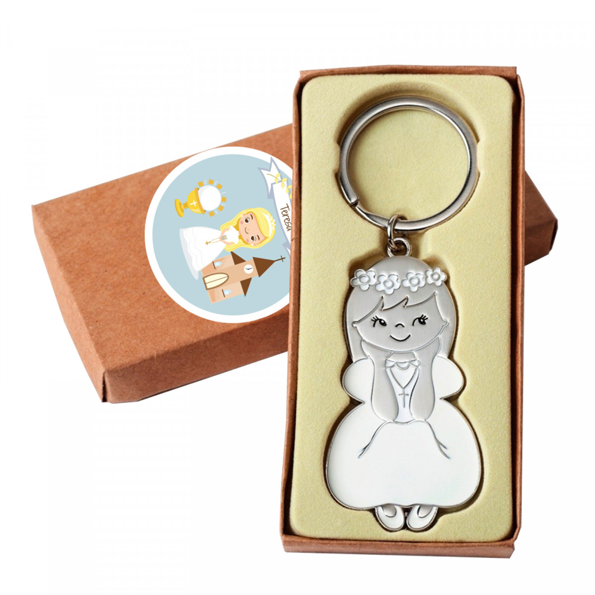 Porte-clé de communion dans un sac en tissu pour un cadeau avec un autocollant personnalisable pour fille