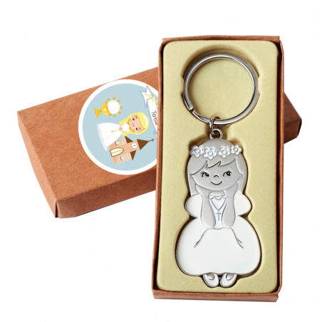 Porte-clé de communion dans un sac en tissu pour un cadeau avec un autocollant personnalisable pour fille
