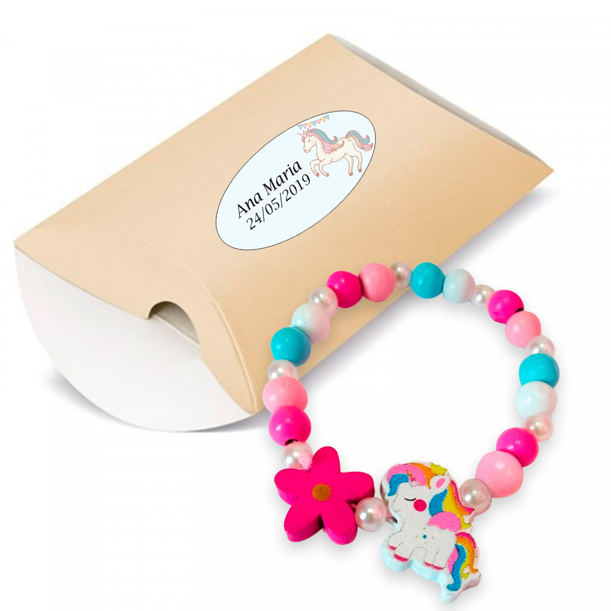 Bracelet licorne en boîte avec autocollant anniversaire personnalisé