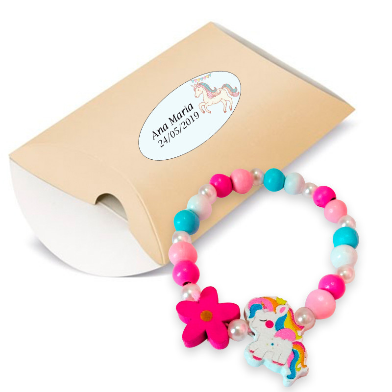 Bracelet licorne dans une boîte avec un autocollant licorne personnalisé