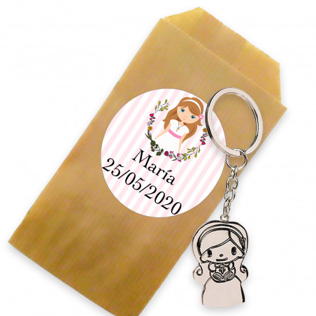 Porte clés communion fille dans enveloppe avec adhésif personnalisé