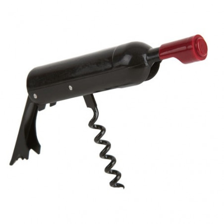 Bouteille de vin personnalisée avec tire-bouchon présentée dans un sac kraft noir