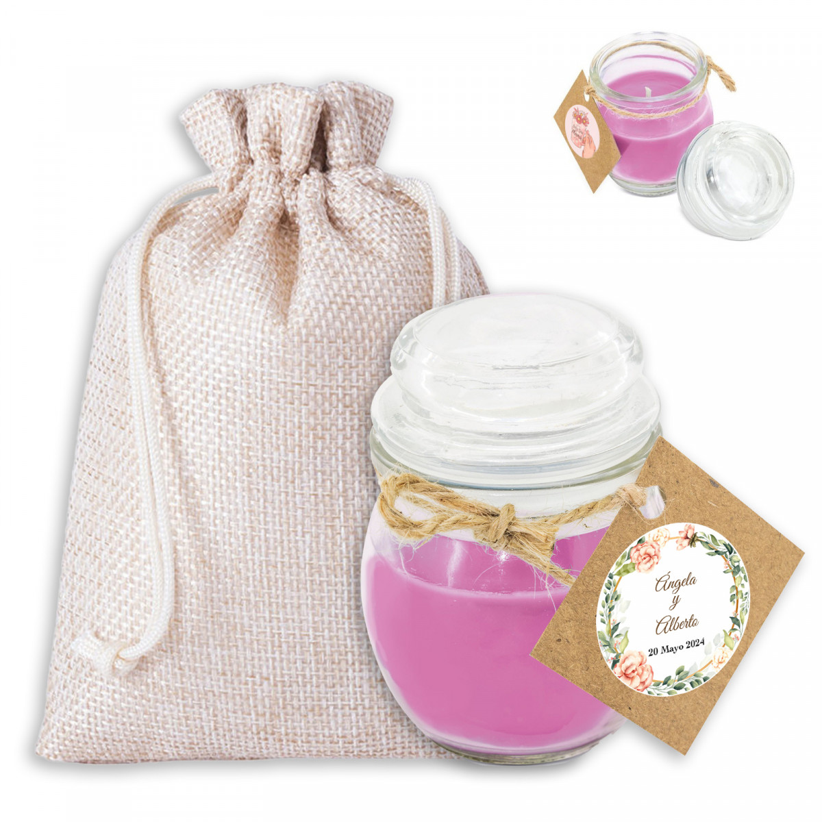 Bougie parfumée avec autocollant personnalisé et sac en tissu pour mariages et événements