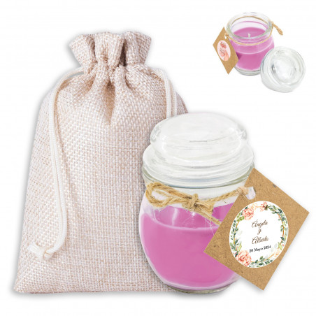 Bougie parfumée avec autocollant personnalisé et sac en tissu pour mariages et événements