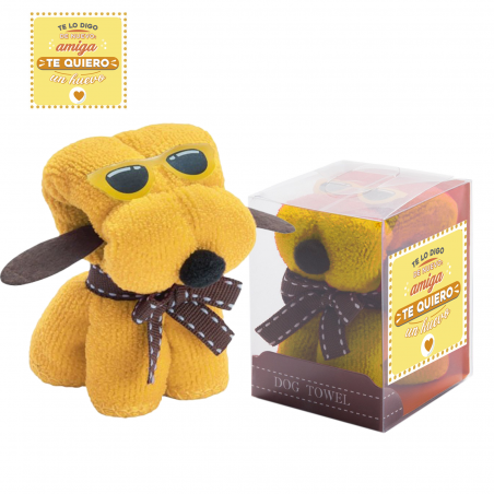 Serviette jaune en forme de chien avec autocollant pour cadeau à un ami