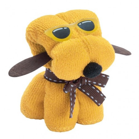 Serviette jaune en forme de chien avec autocollant pour cadeau d'amies