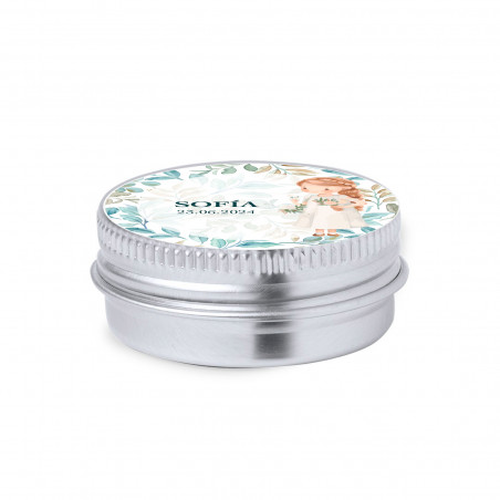 Baume à lèvres vegan dans une boîte en aluminium avec un autocollant personnalisé pour les détails de la communion de la fille.