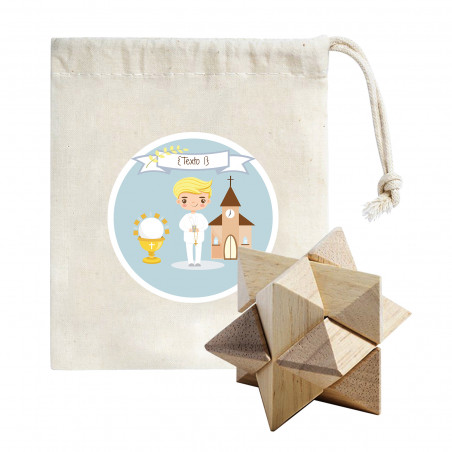 Puzzle ingéniosité présenté dans un sachet en tissu avec autocollant personnalisable pour communion enfant