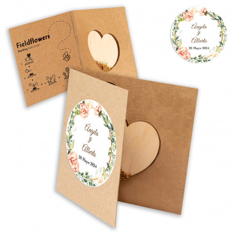 Cœur de graines de fleurs sauvages avec autocollant personnalisé pour mariages et événements