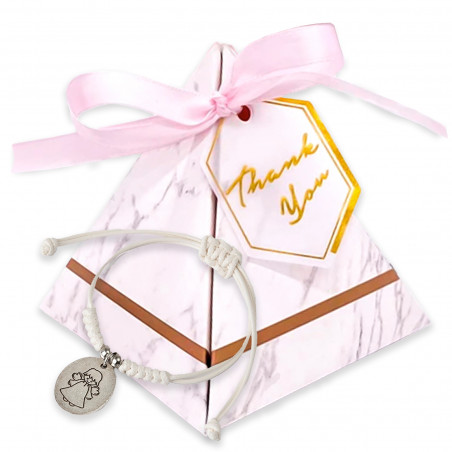 Bracelet médaille ange gardien dans une boîte avec étiquette de remerciement