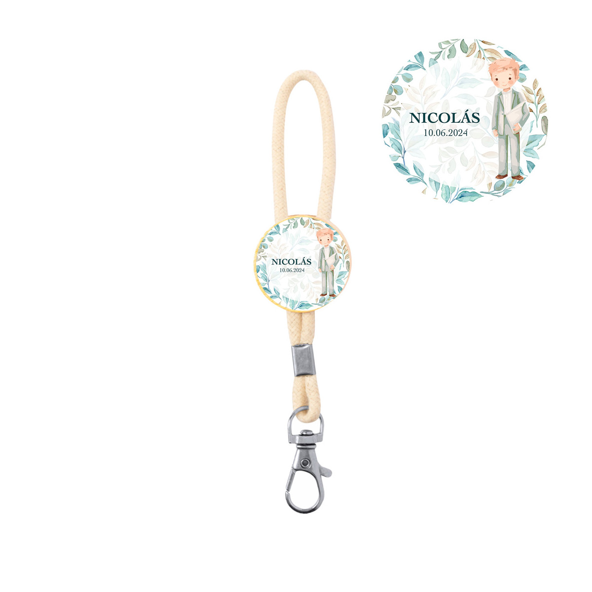 Porte-clés en bambou avec cordon pour garçon de communion