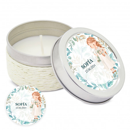 Bougie parfumée avec autocollant personnalisé pour la communion d'une fille
