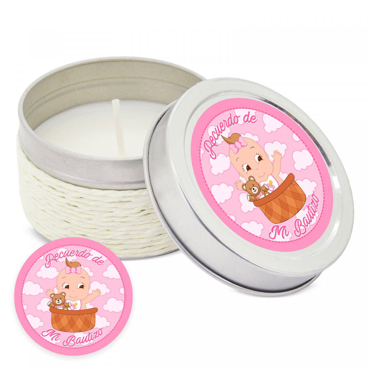 Bougie aromatique personnalisée avec adhésif pour détails de baptême