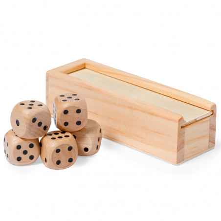Jeu de dés en bois dans un étui avec un autocollant personnalisé