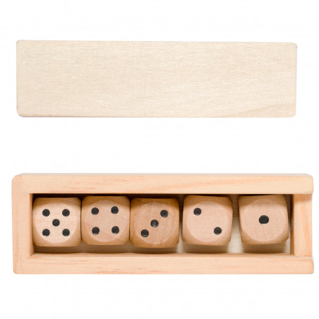 Jeu de dés en bois dans un étui avec un autocollant personnalisé