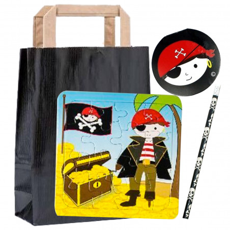 Puzzle pirate avec carnet et crayon présenté dans un sac kraft noir