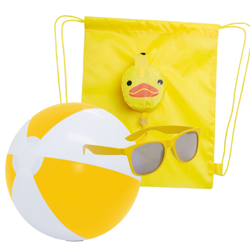 Lunettes de soleil jaunes pour enfants et ballon de plage avec sac à dos canard