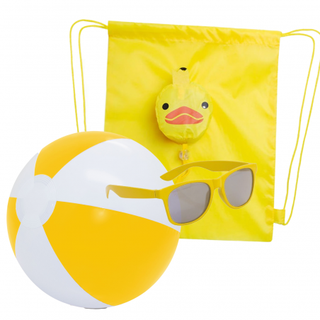 Lunettes de soleil jaunes pour enfants et ballon de plage avec sac à dos canard