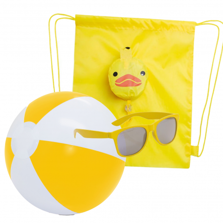 Lunettes de soleil jaunes pour garçon et ballon de plage avec sac à dos canard assorti