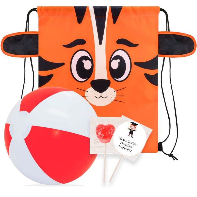 Sac tigre avec ballon de plage et sucette avec autocollant personnalisé pour les détails de graduation
