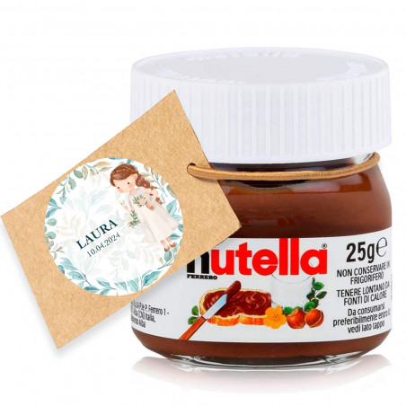 Nutella 25 gr. avec étiquette suspendue et autocollant personnalisé pour les détails de la communion fille