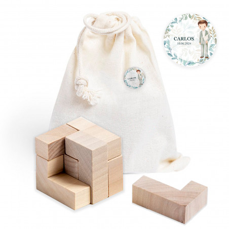 Tetris carré en bois avec sac en tissu et badge personnalisé pour détails de communion enfant