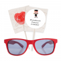 Lunettes de soleil pour enfant rouges avec sucette en forme de cœur et autocollant personnalisé de graduation