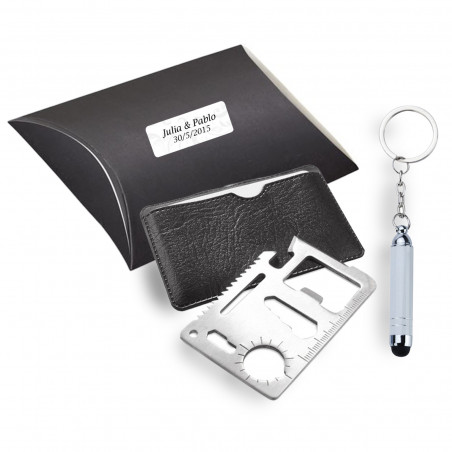 Outil multifonction et porte-clés avec pointeur blanc dans un étui noir personnalisé pour les mariages