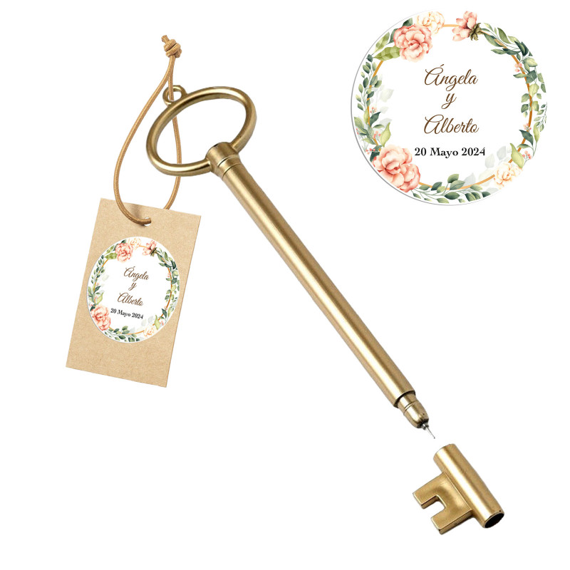 Stylo clé avec étiquette kraft personnalisée pour événements