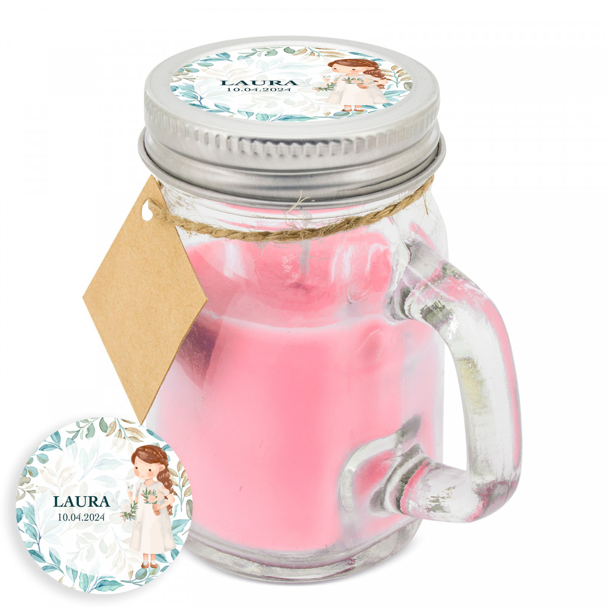 Bougie parfumée avec un autocollant de communion personnalisé