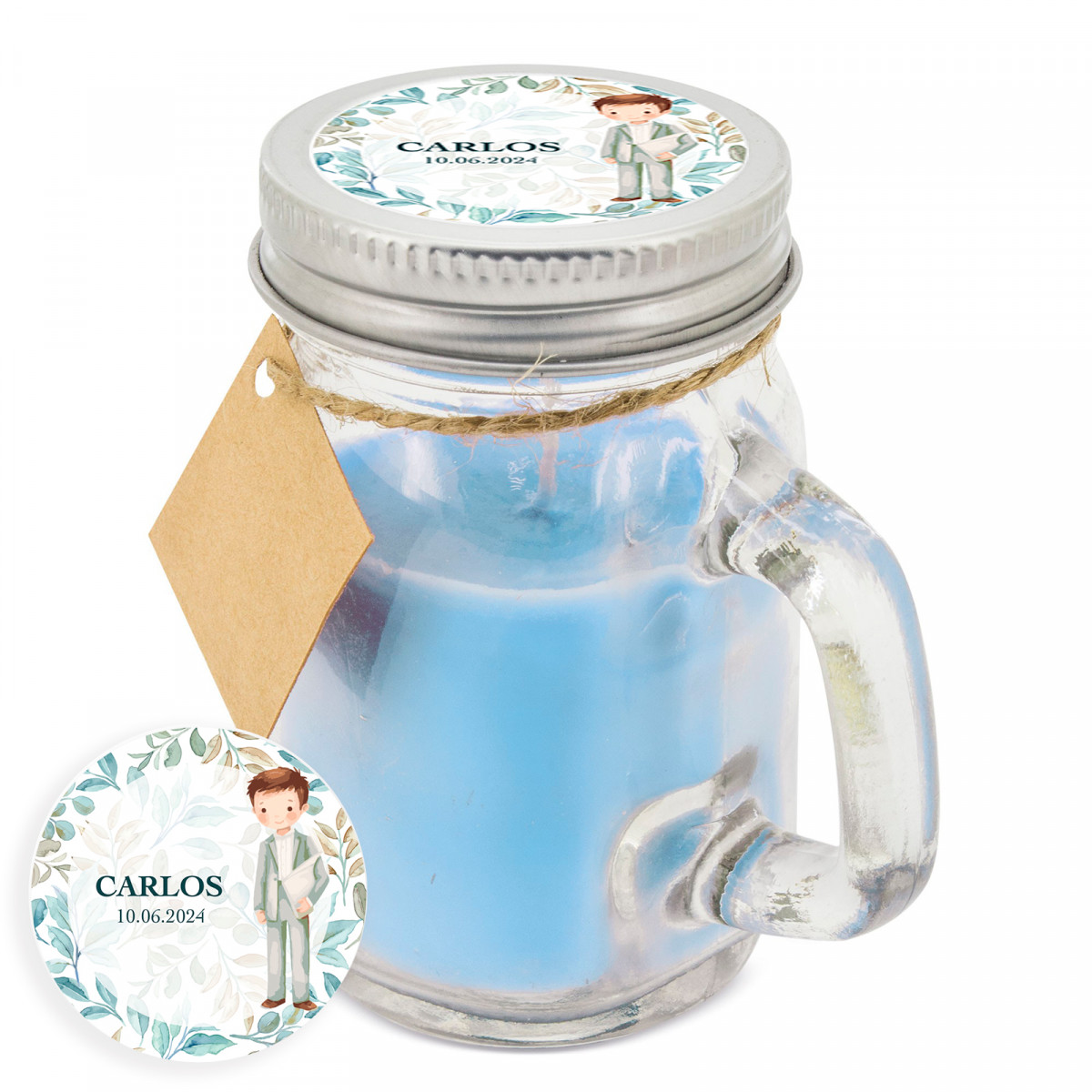 Bougie aromatique avec adhésif personnalisé pour détails de communion garçon
