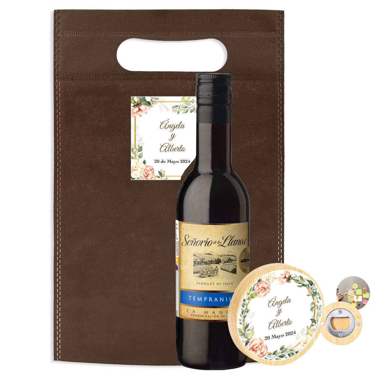 Petite bouteille de vin en cadeau avec ouvre-bouteille magnétique personnalisé dans un sac cadeau