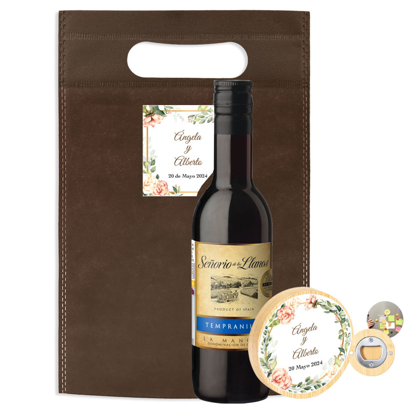 Petite bouteille de vin en cadeau avec ouvre-bouteille magnétique personnalisé dans un sac cadeau