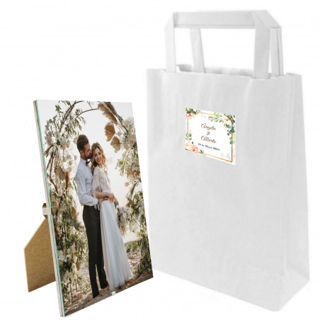 Cadre photo sans cadre pour cadeau d'invités dans un sac cadeau et autocollant personnalisé