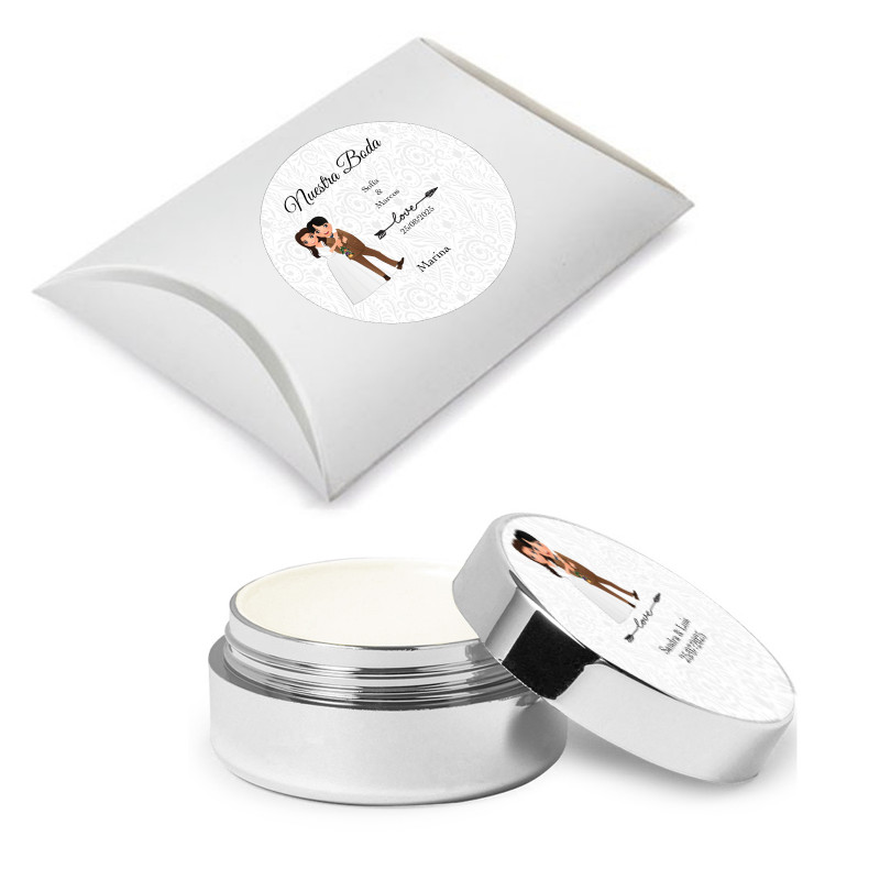 Baume à lèvres hydratant dans un coffret cadeau avec des autocollants de mariage
