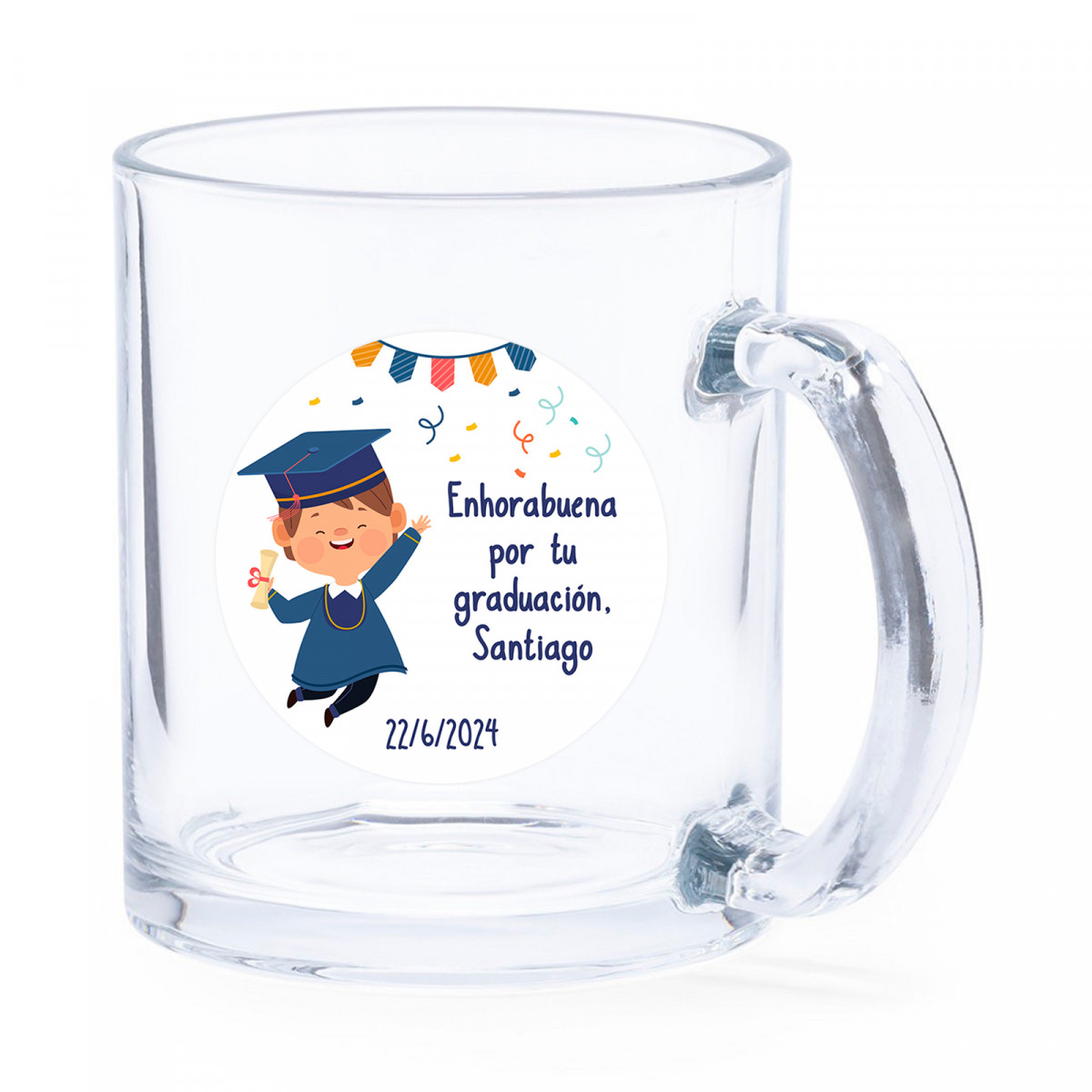Tasse en verre avec adhésif personnalisé de graduation enfant