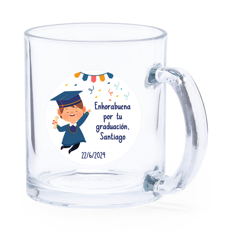 Tasse en verre avec adhésif personnalisé de graduation enfant