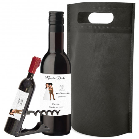 Bouteille de vin personnalisée avec tire-bouchon pour mariage avec sac cadeau