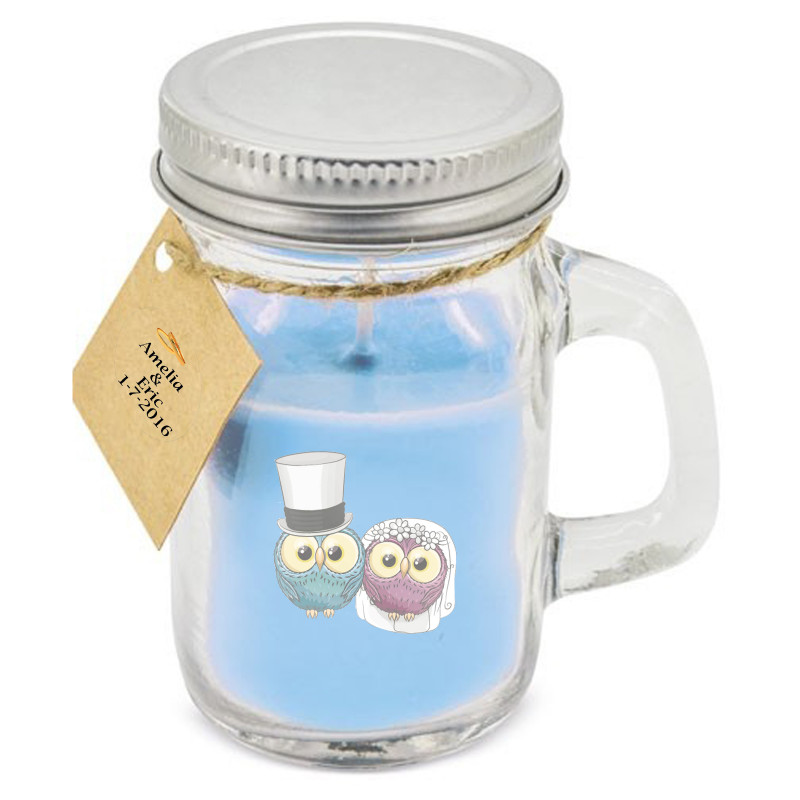 Bougie en pot en verre bleu avec autocollant personnalisé et décoration de mariage