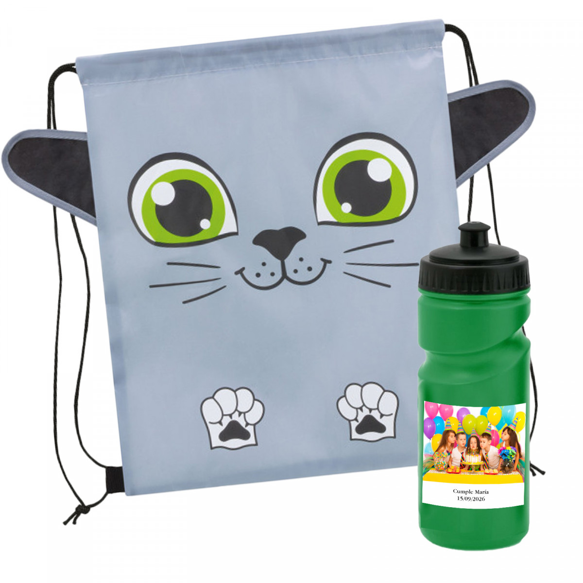 Sac à dos en forme de chat avec bidon d'eau et autocollant personnalisé