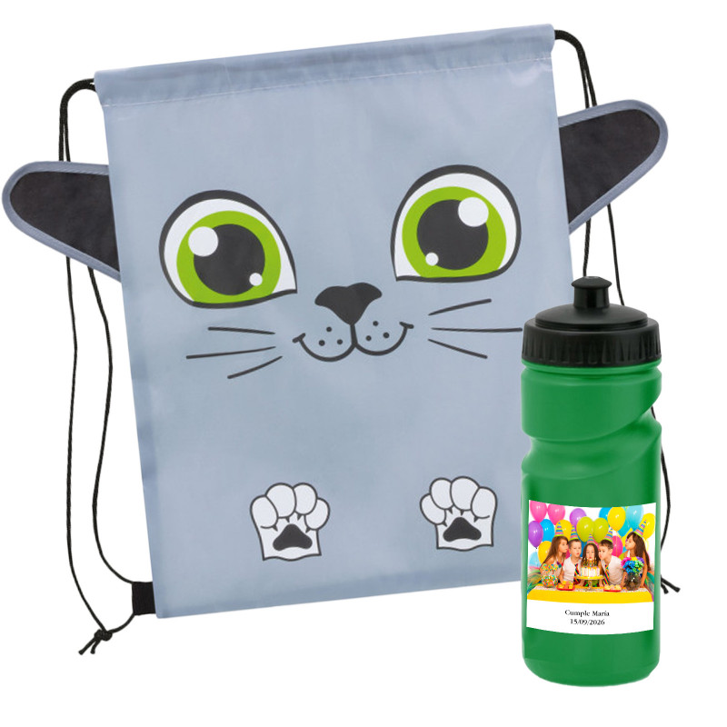 Sac à dos en forme de chat avec bidon d'eau et autocollant personnalisé