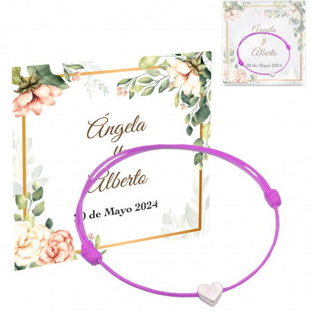 Bracelet coeur rose avec fil sur carte personnalisée