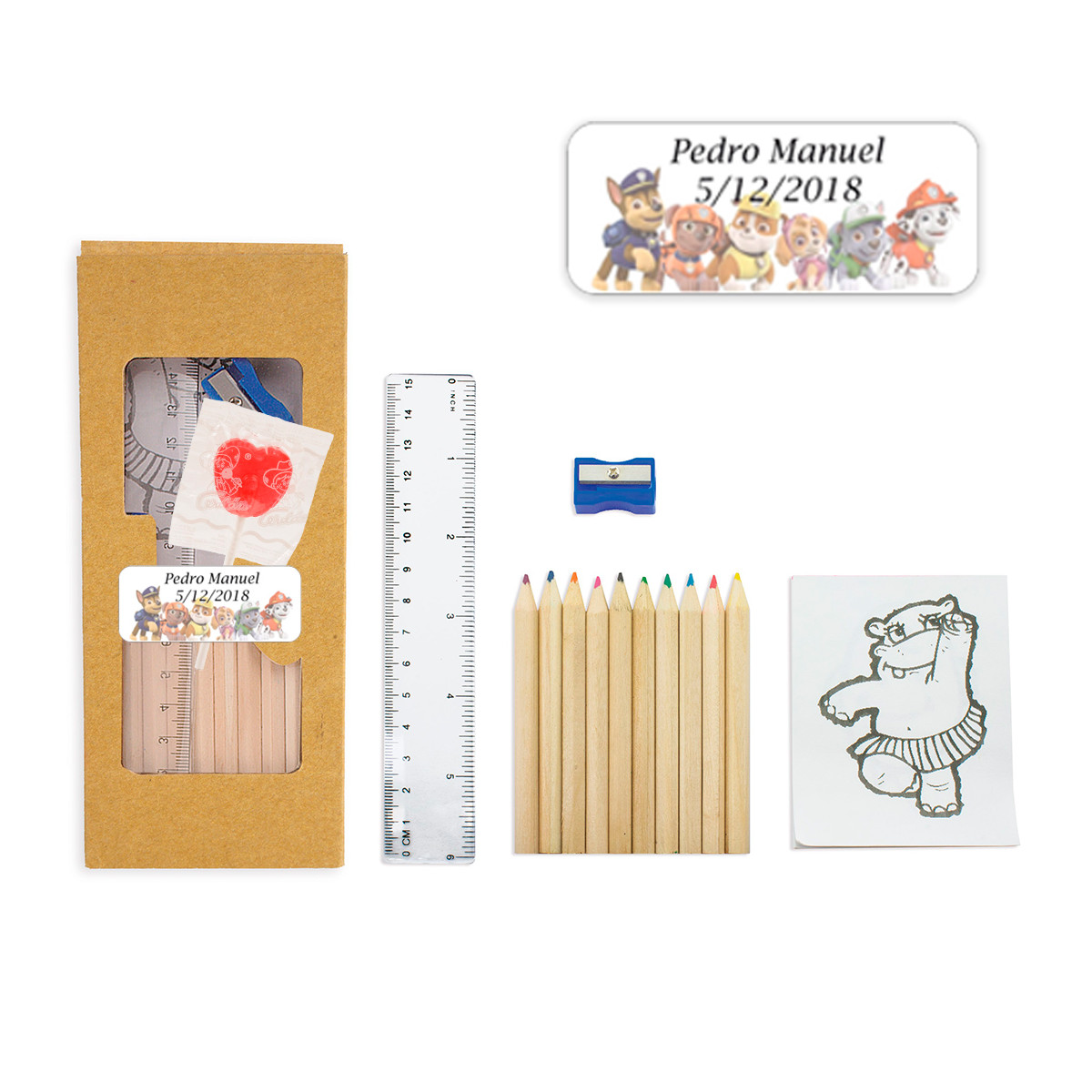 Kit de coloriage avec sucette et autocollant Paw Patrol personnalisé pour les détails de l'événement